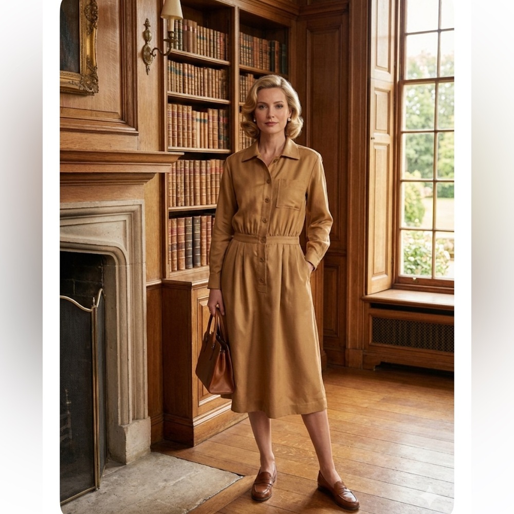 Vintage YSL Rive Gauche Tan Raw Silk Shirt Dress FR 42 US 8/10 - Picture 2 of 15